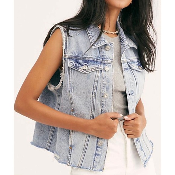 Free People Jackets & Blazers - Free People Denim Vest Distressed Boho Festival Size Large